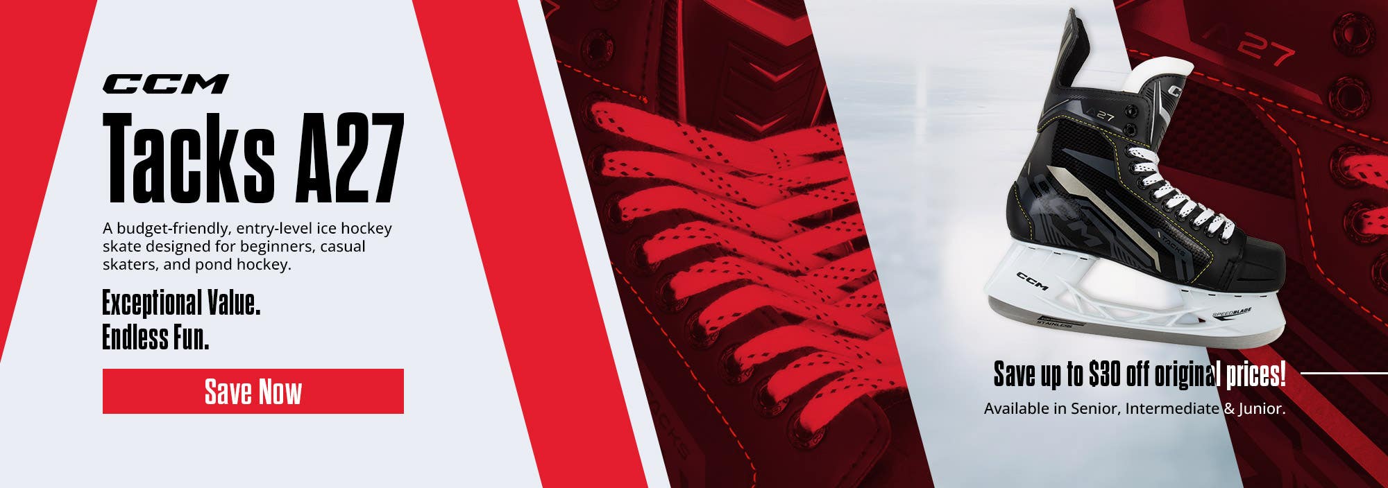 CCM Tacks A27 Hockey Skates. A budget-friendly, entry-level ice hockey skate designed for beginners, casual skates, and pond hockey. Exceptional value. Endless fun.