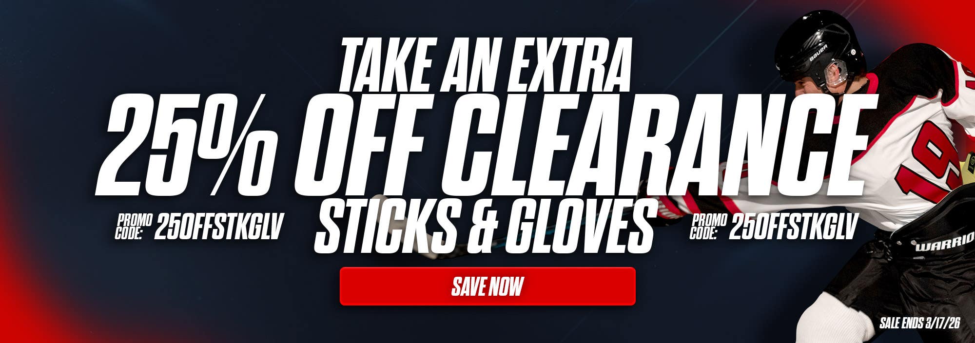 Take an extra 25% off clearance hockey sticks and gloves. Promo code: 25OFFSTKGLV. Sale ends 3/17/26.