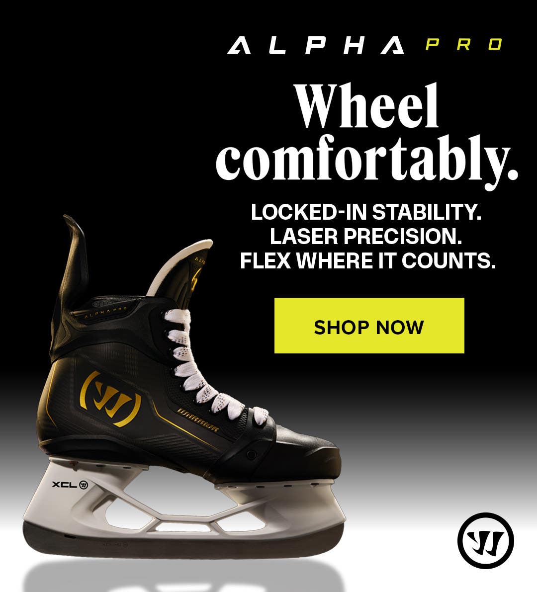 Warrior Alpha Pro Hockey Skates. Wheel comfortably. Locked-in stability, laser precision, flex where it counts.