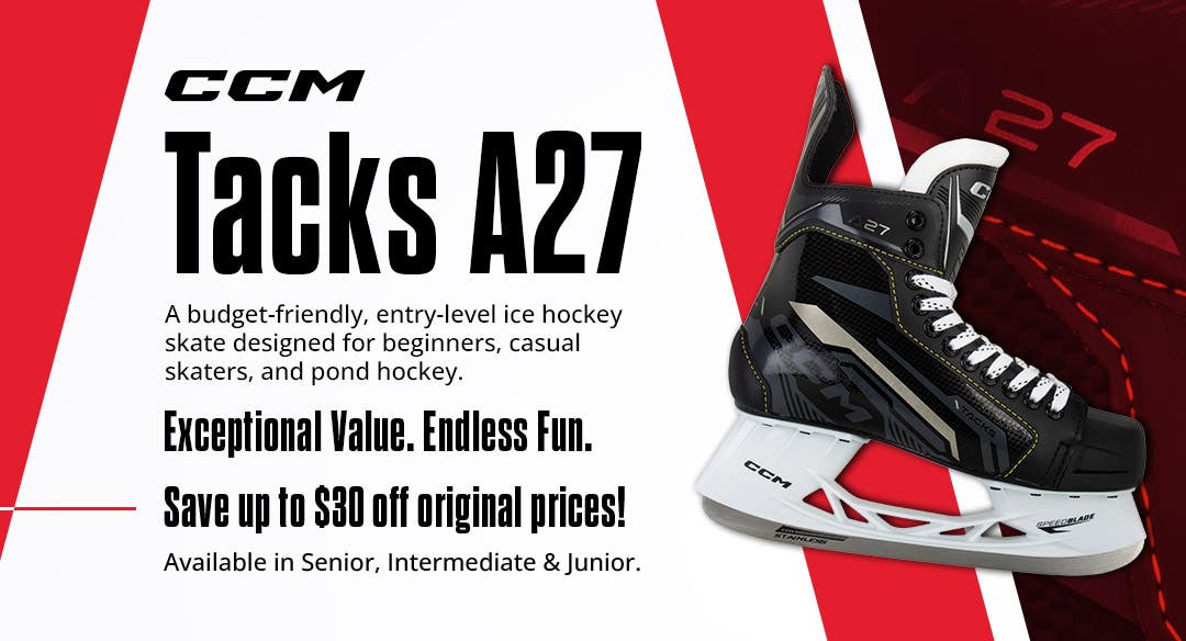 CCM Tacks A27 Hockey Skates. A budget-friendly, entry-level ice hockey skate designed for beginners, casual skates, and pond hockey. Exceptional value. Endless fun.