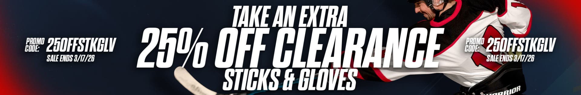 Take an extra 25% off clearance hockey sticks and gloves. Promo code: 25OFFSTKGLV. Sale ends 3/17/26.