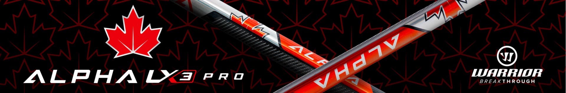Warrior Alpha LX3 Pro hockey sticks with a Canada theme